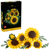 LEGO Botanicals Sunflower Bouquet 11502 retail box beside built bouquet with six yellow sunflowers and green eucalyptus stems