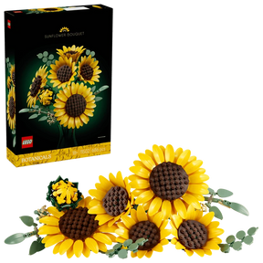 LEGO Botanicals Sunflower Bouquet 11502 retail box beside built bouquet with six yellow sunflowers and green eucalyptus stems
