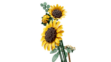 Side view of LEGO Botanicals Sunflower Bouquet 11502 showing two large open sunflowers, one smaller bloom and green stems