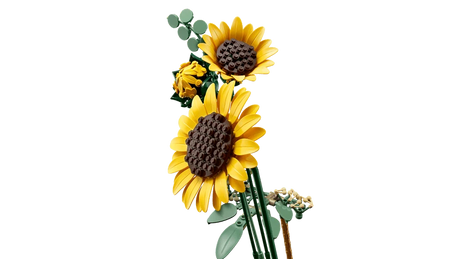 Side view of LEGO Botanicals Sunflower Bouquet 11502 showing two large open sunflowers, one smaller bloom and green stems