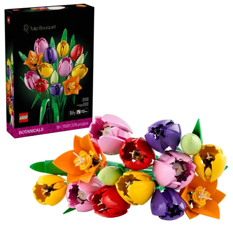 LEGO Botanicals Tulip Bouquet box showing multicoloured tulip bouquet image with 576 piece count and age 18 plus marking