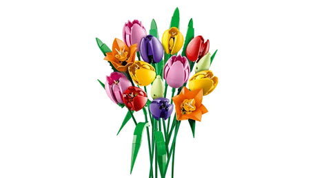 Built LEGO tulip bouquet with pink, yellow, red, purple and orange flowers on green stems