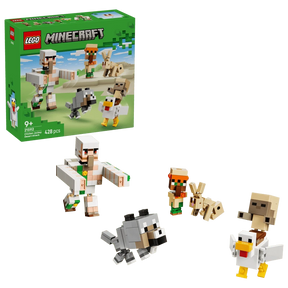 LEGO Chicken Jockey Desert Attack 21592 box with Minecraft figures including iron golem, wolf, rabbit, villager and chicken jockey
