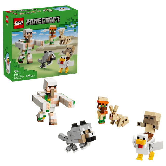 LEGO Chicken Jockey Desert Attack 21592 box with Minecraft figures including iron golem, wolf, rabbit, villager and chicken jockey