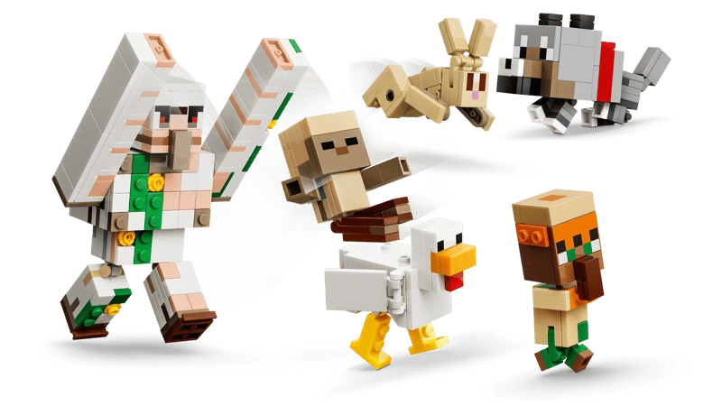 LEGO Minecraft desert battle scene with iron golem, chicken jockey, wolf, rabbit and villager figures