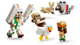 LEGO Minecraft desert battle scene with iron golem, chicken jockey, wolf, rabbit and villager figures