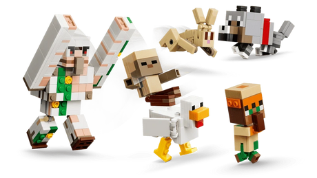 LEGO Minecraft desert battle scene with iron golem, chicken jockey, wolf, rabbit and villager figures