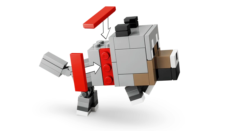 LEGO Minecraft grey wolf build with red bricks and arrows showing moving parts