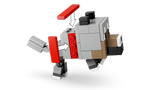 LEGO Minecraft grey wolf build with red bricks and arrows showing moving parts