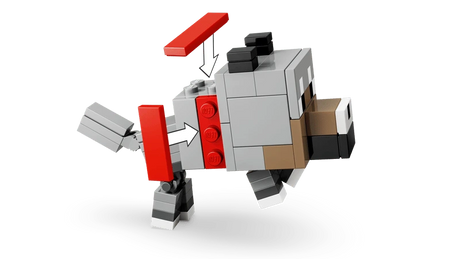 LEGO Minecraft grey wolf build with red bricks and arrows showing moving parts
