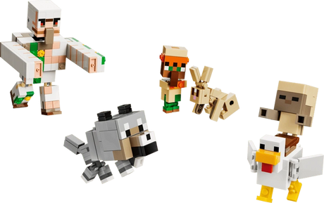 LEGO Minecraft iron golem, grey wolf, rabbit, villager and chicken jockey figures