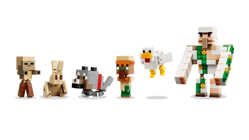 LEGO Minecraft figure lineup with baby husk, rabbit, wolf, villager, chicken and iron golem