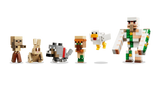 LEGO Minecraft figure lineup with baby husk, rabbit, wolf, villager, chicken and iron golem