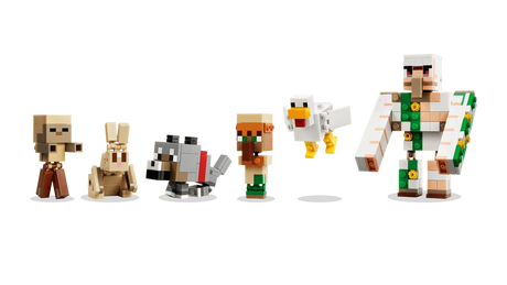 LEGO Minecraft figure lineup with baby husk, rabbit, wolf, villager, chicken and iron golem