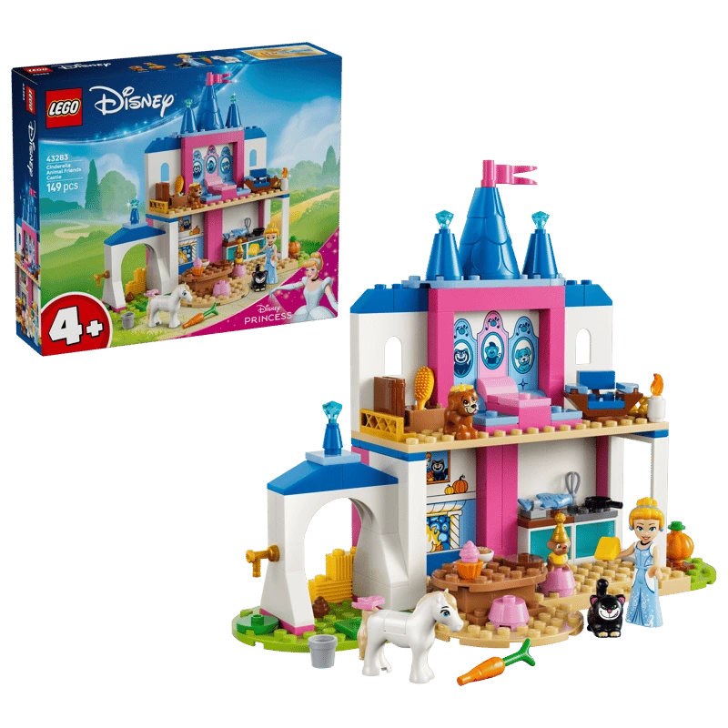 LEGO Cinderella Animal Friends Castle box shown with the completed castle, figures and animal figures