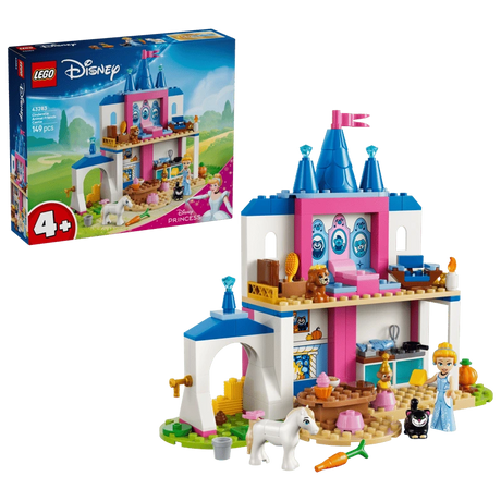LEGO Cinderella Animal Friends Castle box shown with the completed castle, figures and animal figures