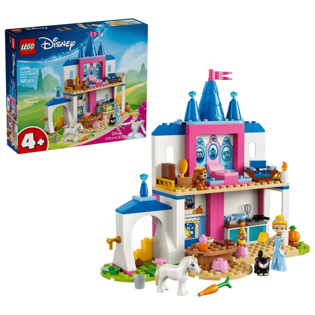 LEGO Cinderella Animal Friends Castle box shown with the completed castle, figures and animal figures