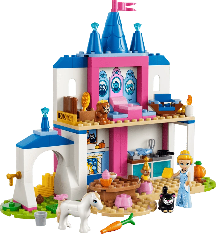 LEGO Cinderella Animal Friends Castle with blue roof, pink tower, stable, Cinderella figure and animal figures