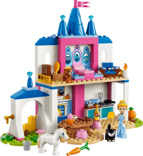 LEGO Cinderella Animal Friends Castle with blue roof, pink tower, stable, Cinderella figure and animal figures