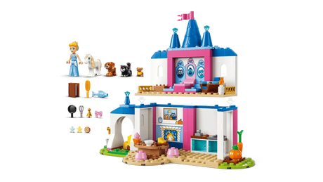 LEGO Cinderella Animal Friends Castle set lineup with castle, Cinderella figure, animal figures and small accessories