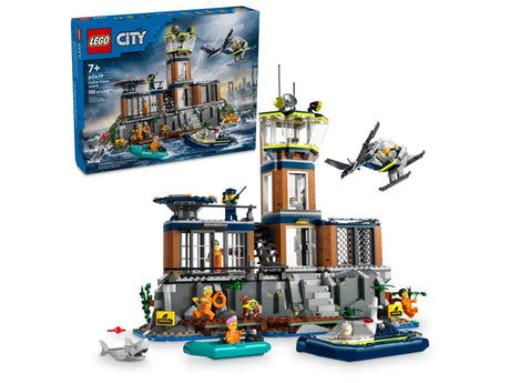 LEGO City 60419 Police Prison Island main build with box, helicopter and police boat on white background in Ireland