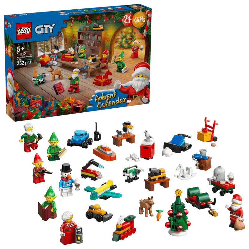LEGO City Advent Calendar 2026 box above the complete set of festive minifigures, animals and mini builds