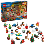 LEGO City Advent Calendar 2026 box above the complete set of festive minifigures, animals and mini builds
