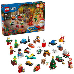 LEGO City Advent Calendar 2026 box above the complete set of festive minifigures, animals and mini builds