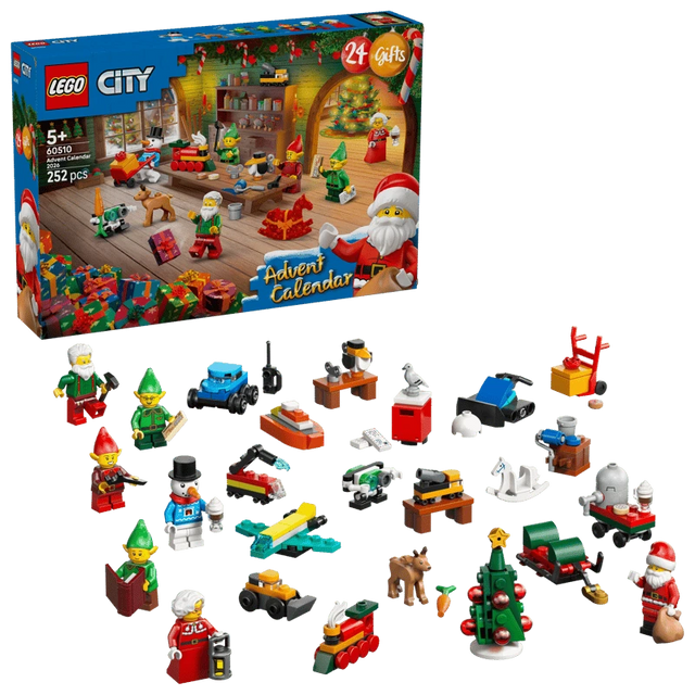 LEGO City Advent Calendar 2026 box above the complete set of festive minifigures, animals and mini builds
