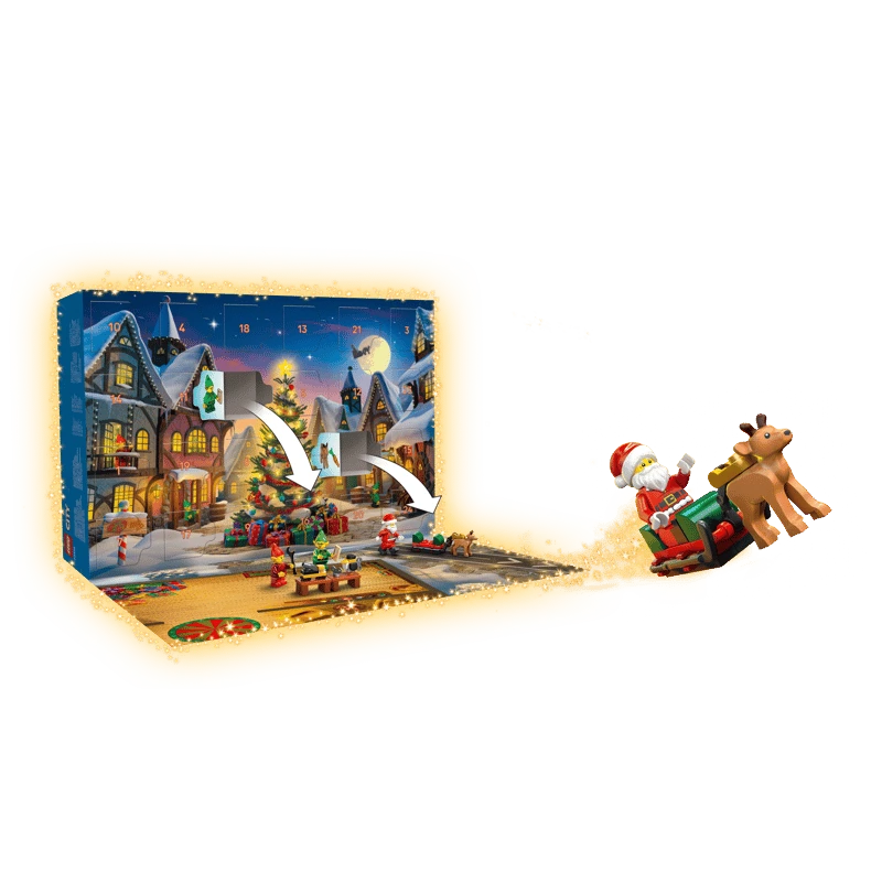 LEGO City Advent Calendar opened into a snowy play scene with arrows showing figures moving onto the playmat