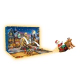 LEGO City Advent Calendar opened into a snowy play scene with arrows showing figures moving onto the playmat