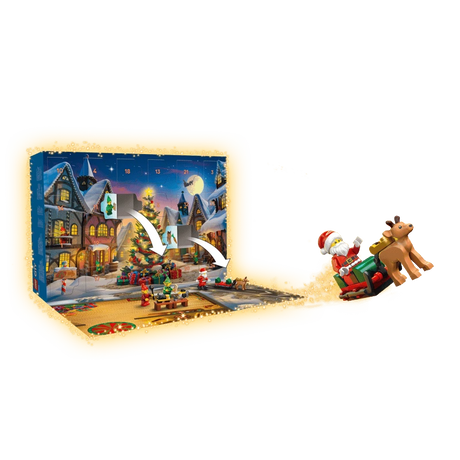 LEGO City Advent Calendar opened into a snowy play scene with arrows showing figures moving onto the playmat