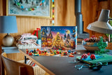 Opened LEGO City Advent Calendar displayed on a table with festive figures and mini builds arranged in front