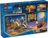 Rear of LEGO City Advent Calendar 2026 box showing the fold-down snowy play scene and featured mini builds
