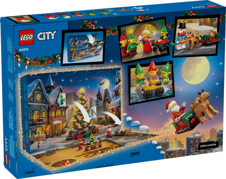 Rear of LEGO City Advent Calendar 2026 box showing the fold-down snowy play scene and featured mini builds