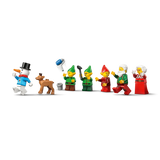 LEGO snowman, baby reindeer, three elves, Santa and Mrs. Claus minifigures with small accessories