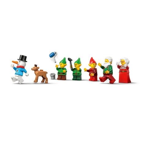 LEGO snowman, baby reindeer, three elves, Santa and Mrs. Claus minifigures with small accessories