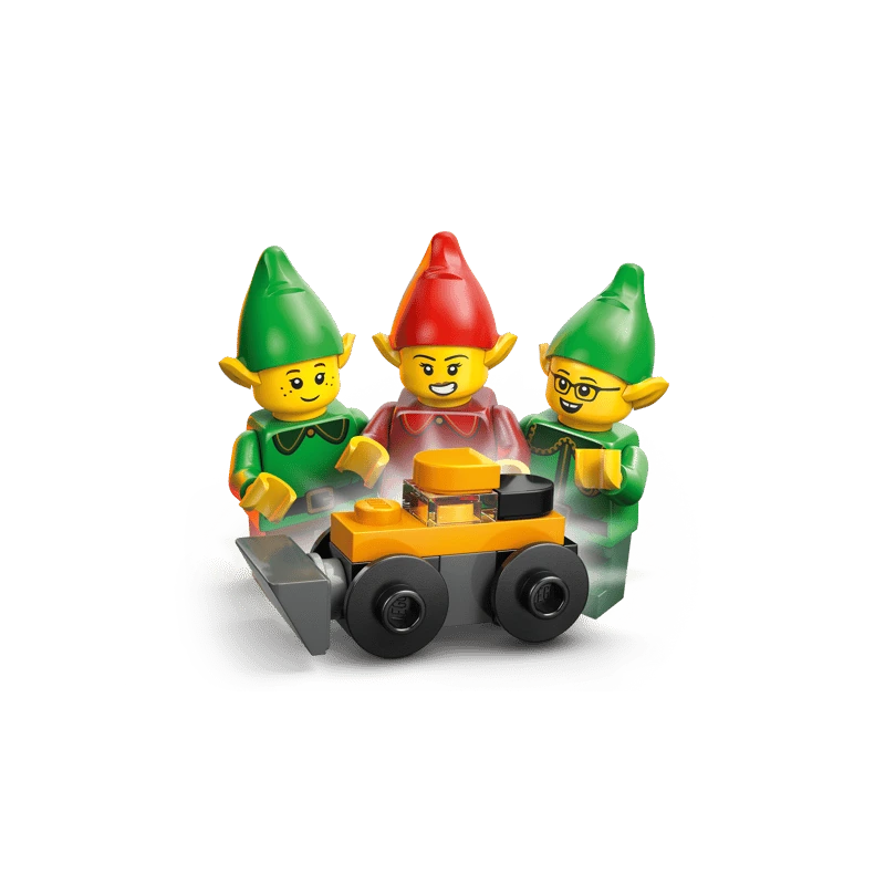 Three LEGO elf minifigures gathered around a small black and orange wheeled build
