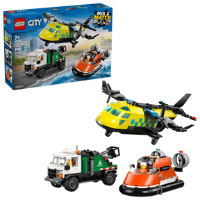 LEGO City Airplane, Service Truck & Hovercraft Remix 60505 retail box beside assembled yellow medical plane, white and green service truck and orange hovercraft