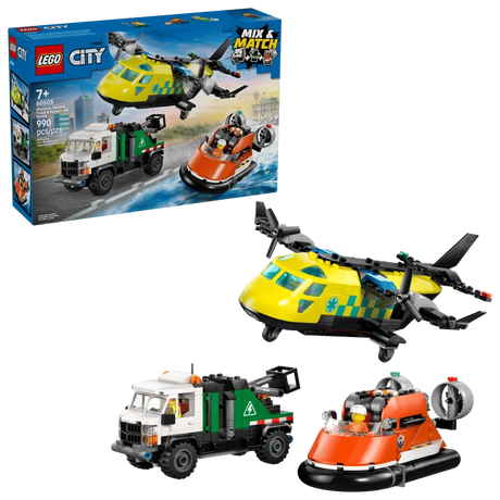 LEGO City Airplane, Service Truck & Hovercraft Remix 60505 retail box beside assembled yellow medical plane, white and green service truck and orange hovercraft