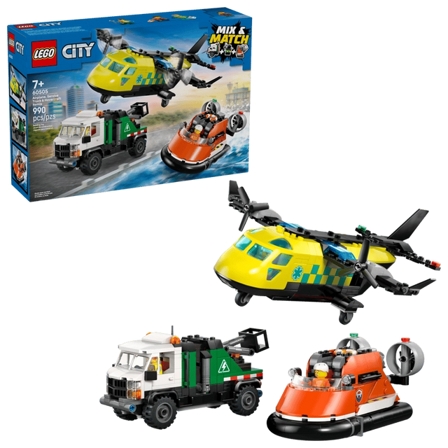 LEGO City Airplane, Service Truck & Hovercraft Remix 60505 retail box beside assembled yellow medical plane, white and green service truck and orange hovercraft