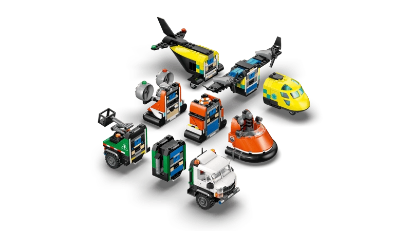 LEGO City Airplane, Service Truck & Hovercraft Remix 60505 modular vehicle sections separated showing interchangeable front, middle and rear units