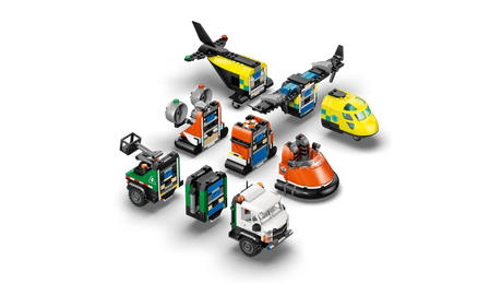 LEGO City Airplane, Service Truck & Hovercraft Remix 60505 modular vehicle sections separated showing interchangeable front, middle and rear units