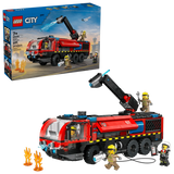 LEGO City Airport Fire Truck 60499 retail box beside assembled red airport fire truck with four firefighter minifigures and flame elements