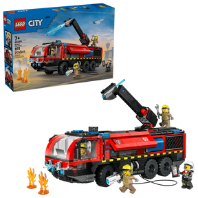 LEGO City Airport Fire Truck 60499 retail box beside assembled red airport fire truck with four firefighter minifigures and flame elements