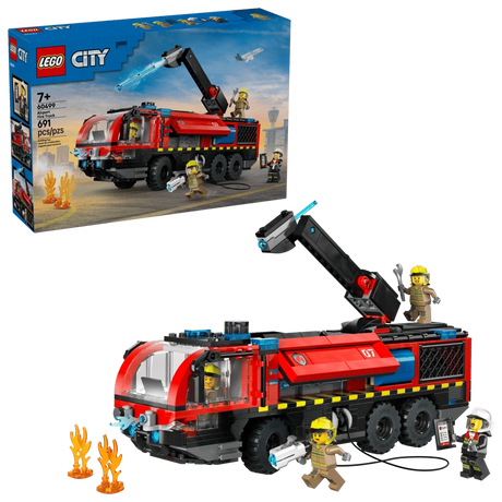 LEGO City Airport Fire Truck 60499 retail box beside assembled red airport fire truck with four firefighter minifigures and flame elements