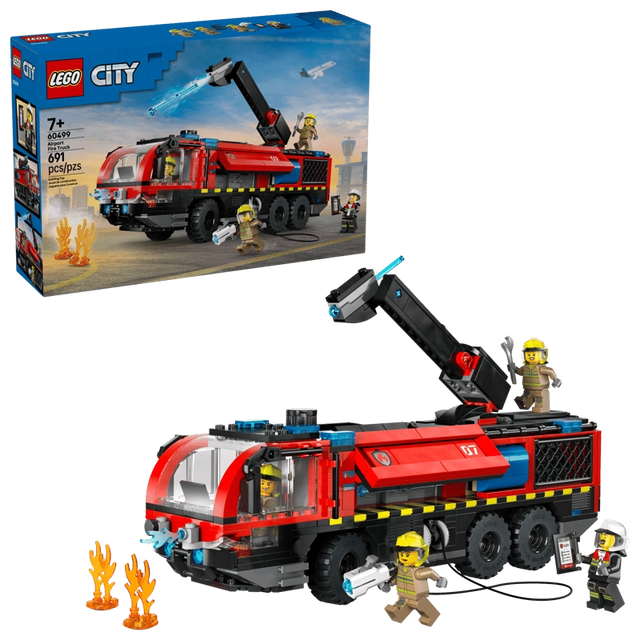 LEGO City Airport Fire Truck 60499 retail box beside assembled red airport fire truck with four firefighter minifigures and flame elements