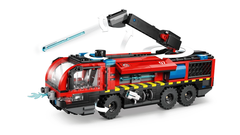 LEGO City Airport Fire Truck 60499 side view showing rotating roof mounted extinguisher arm with directional arrows and water element launching from nozzle