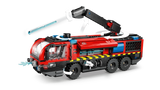 LEGO City Airport Fire Truck 60499 side view showing rotating roof mounted extinguisher arm with directional arrows and water element launching from nozzle