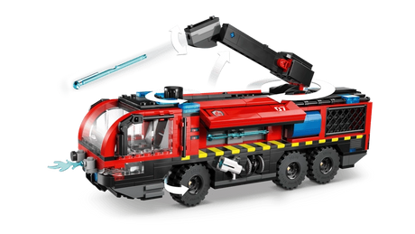 LEGO City Airport Fire Truck 60499 side view showing rotating roof mounted extinguisher arm with directional arrows and water element launching from nozzle
